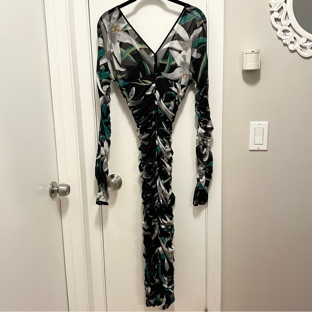 DVF Diane Von Furstenberg Mesh Overlay Ruched Midi Dress 8 bodycon floral Vneck - Picture 4 of 8